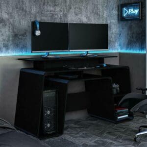 Onyx - Storage Gaming Desk - Black/Blue - Wooden - Happy Beds