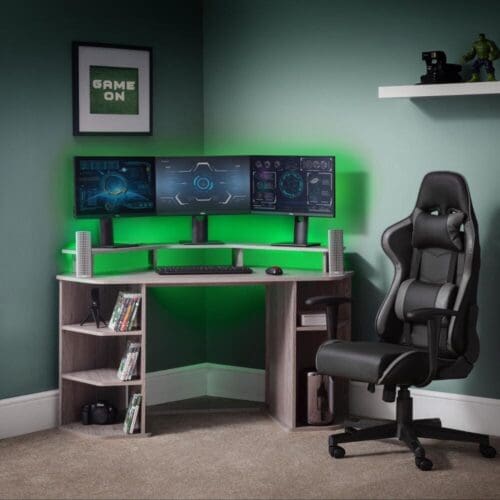 Orbit - Corner Gaming Desk - Grey Oak - Wooden - Happy Beds