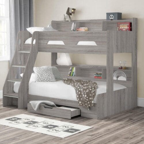 Orion - Kids Triple Sleeper Bed - Storage - Light Grey Oak - Wood - 3ft and 4ft - Happy Beds