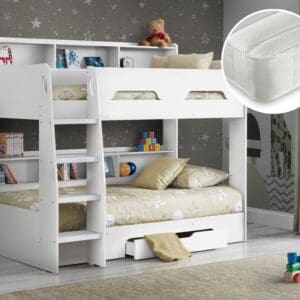 Orion/Noah - Single - Bunk Bed with Storage and Open Coil Spring Memory Foam Mattress Included - White - Wooden/Fabric - 3ft - Happy Beds