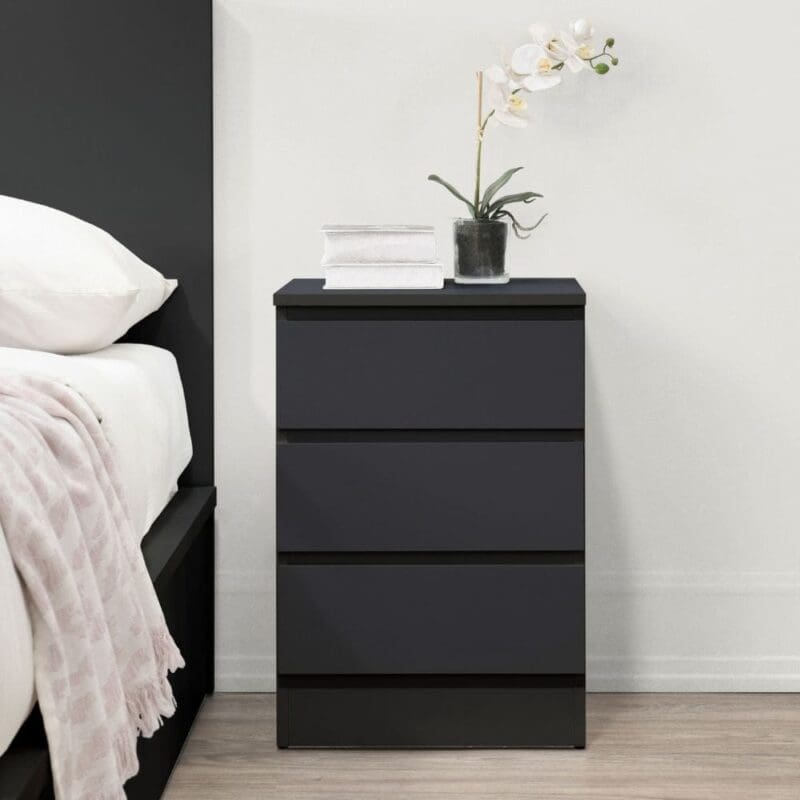 Oslo - 3 Drawer Bedside Table - Black - Wooden - Happy Beds