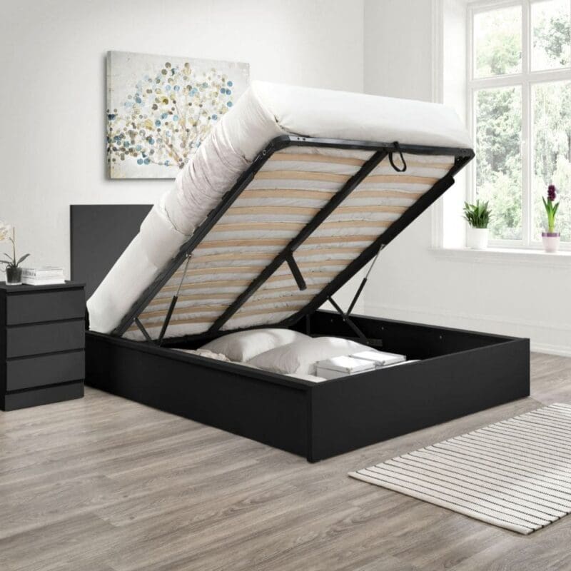 Oslo - Double - Ottoman Storage Bed - Black - Wooden - 4ft6 - Happy Beds