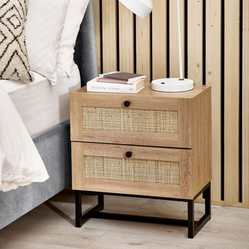 Padstow - 2 Drawer Bedside Table - Oak - Wooden/Rattan - Happy Beds