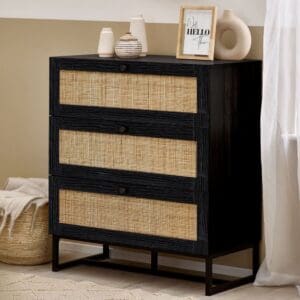 Padstow - 3 Drawer Chest - Black - Wooden/Rattan - Happy Beds