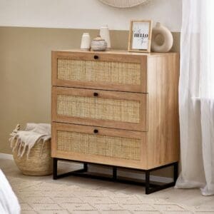 Padstow - 3 Drawer Chest - Oak - Wooden/Rattan - Happy Beds