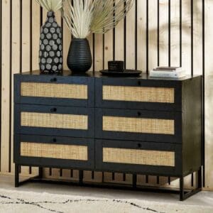 Padstow - 6 Drawer Chest - Black - Wooden/Rattan - Happy Beds