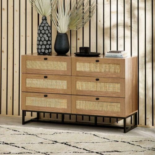 Padstow - 6 Drawer Chest - Oak - Wooden/Rattan - Happy Beds