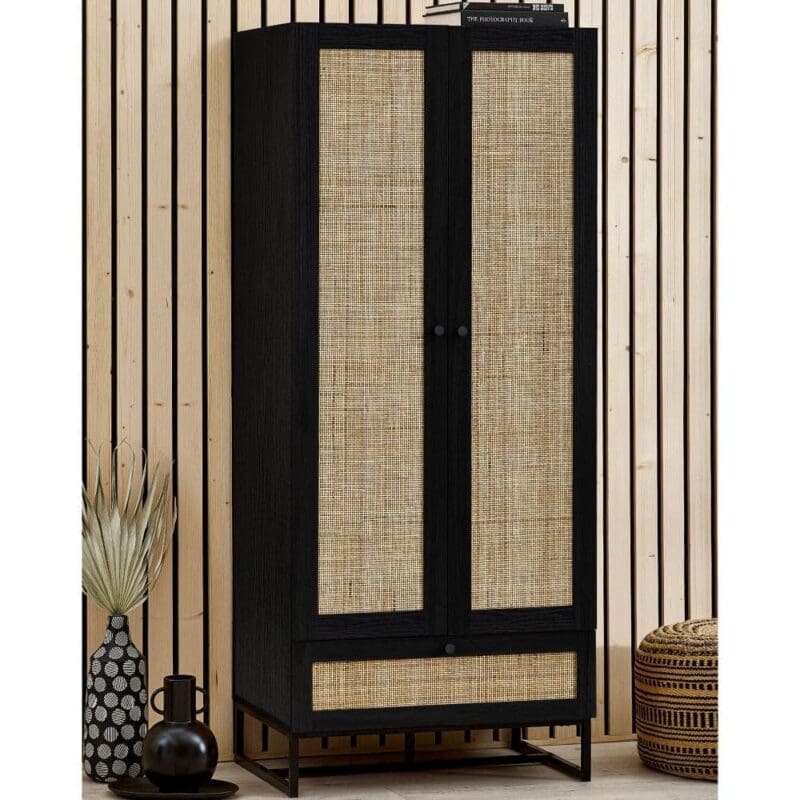 Padstow - Combination Wardrobe - Black - Wooden/Rattan - Happy Beds