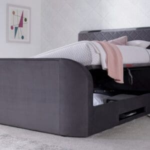 Paris - Double - Side-Opening Ottoman Storage Electric Media TV Bed - Grey - Velvet - 4ft6 - Happy Beds