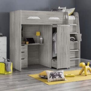 Pegasus - Single - Kids High Sleeper Bed - Wardrobe - Desk and Storage - Grey Oak - Wooden - 3ft - Happy Beds