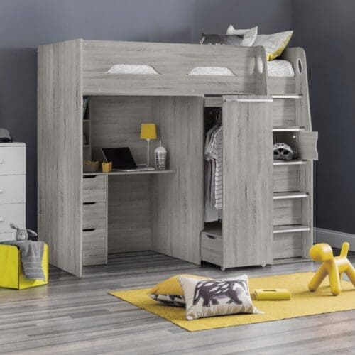 Pegasus - Single - Kids High Sleeper Bed - Wardrobe - Desk and Storage - Grey Oak - Wooden - 3ft - Happy Beds