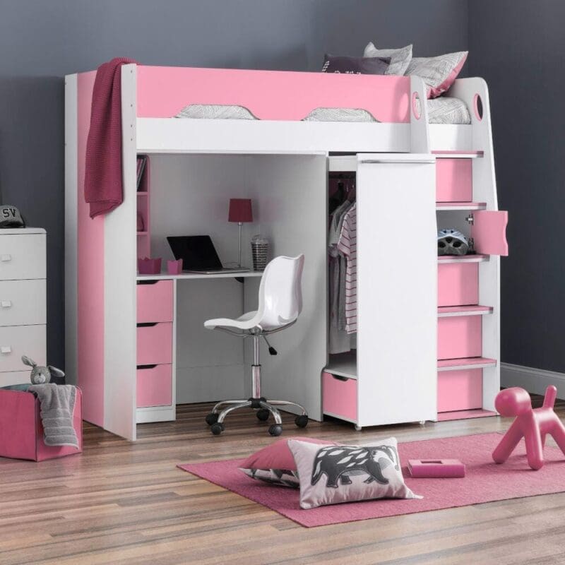 Pegasus - Single - Kids High Sleeper Bed - Wardrobe - Desk and Storage - Pink and White - Wooden - 3ft - Happy Beds