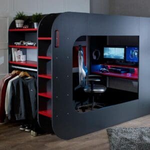 Pod Bed - Grey and Red - High Sleeper - Gaming Bed - Happy Beds