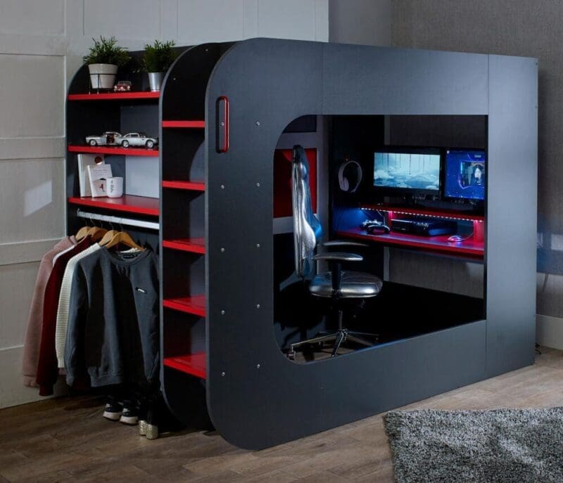 Pod Bed - Grey and Red - High Sleeper - Gaming Bed - Happy Beds