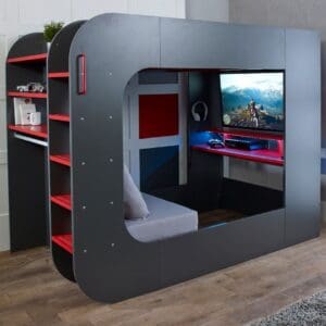 Pod Bed - Grey and Red - High Sleeper - Gaming Bed - With Sofa - Happy Beds