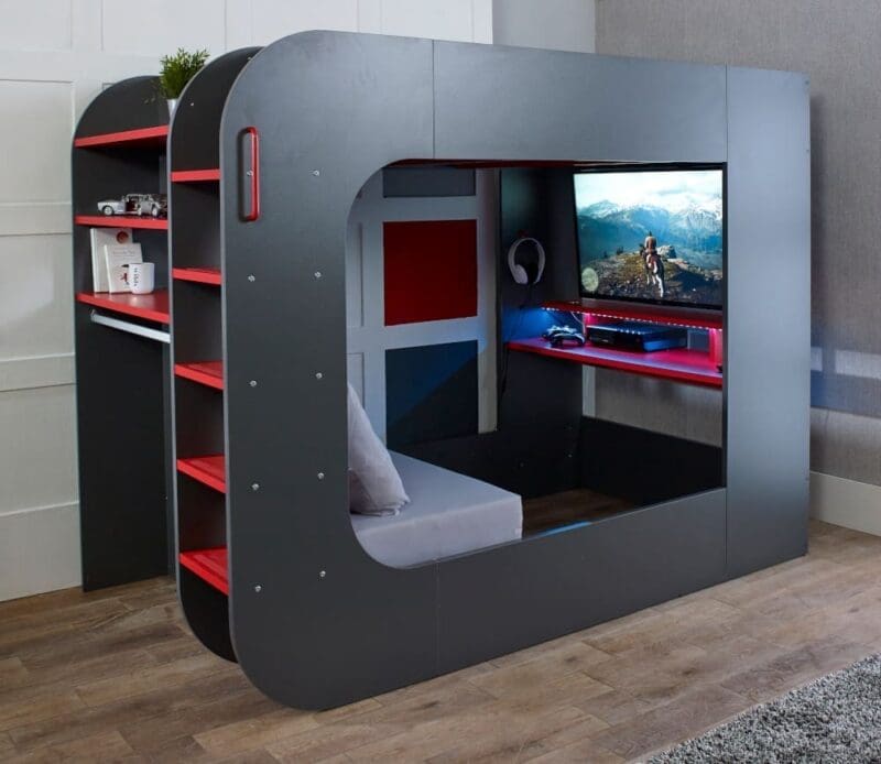 Pod Bed - Grey and Red - High Sleeper - Gaming Bed - With Sofa - Happy Beds