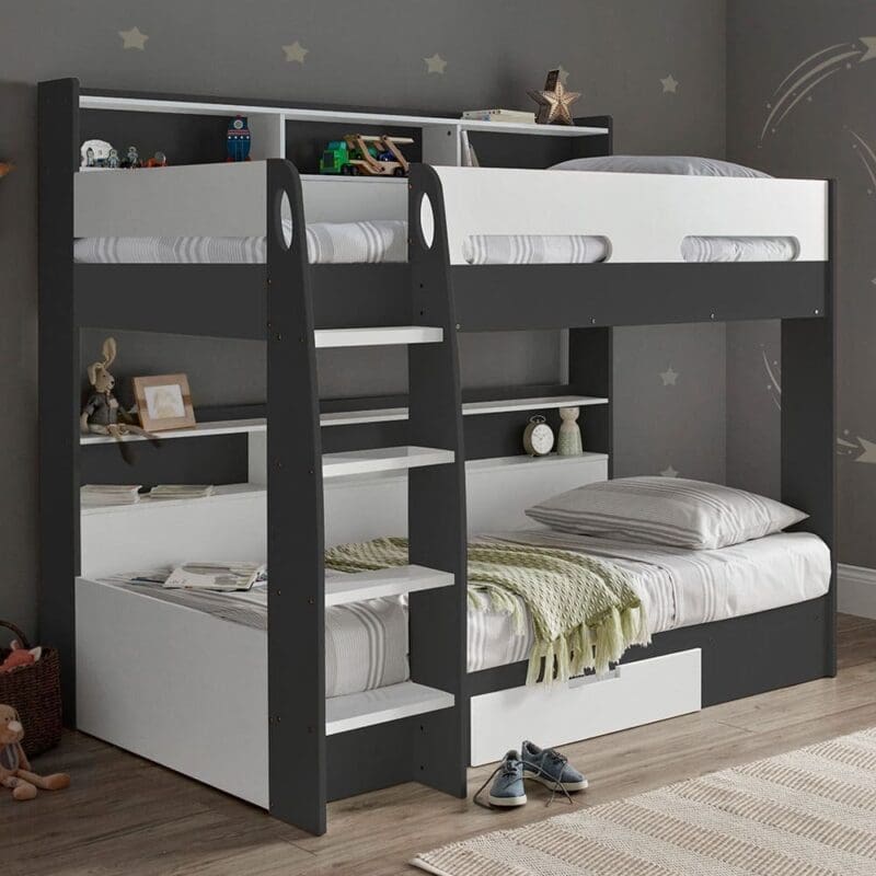 Polaris - Single - Storage Bunk Bed - Grey/White - Wooden - 3ft - Happy Beds