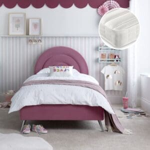 Rainbow/Ethan - Single - Novelty Kids Bed and Open Coil Spring Mattress Included - Pink/White - Velvet/Fabric - 3ft - Happy Beds