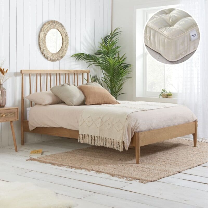 Rome/Majestic 1000 - Double - Low Foot-End Bed and 1000 Pocket Sprung Mattress Included - Oak/White - Wooden/Fabric - 4ft6 - Happy Beds