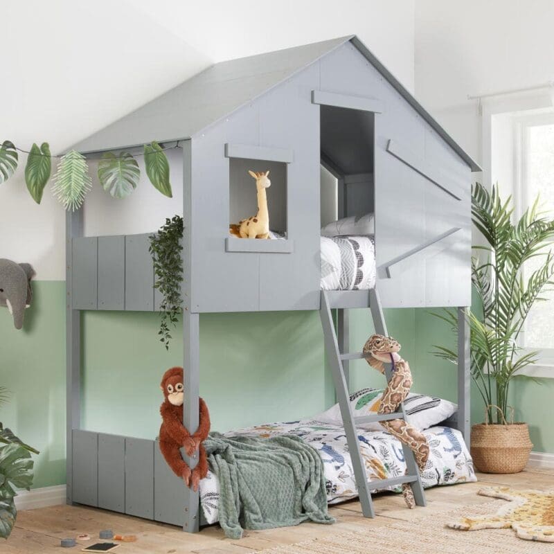 Safari - Single - Kids House Style Bunk Bed - Grey - Wooden - 3ft - Happy Beds