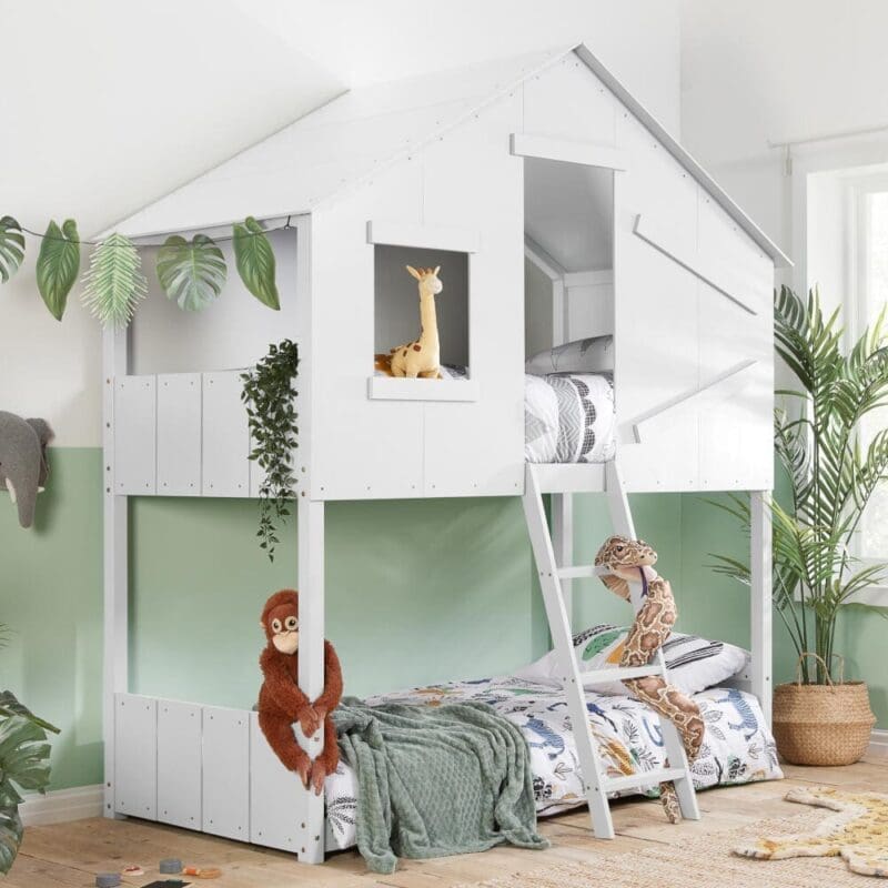 Safari - Single - Kids House Style Bunk Bed - White - Wooden - 3ft - Happy Beds