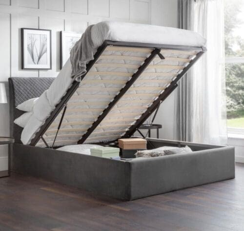 Sanderson - Double - Ottoman Storage Bed - Grey - Velvet - 4ft6 - Happy Beds