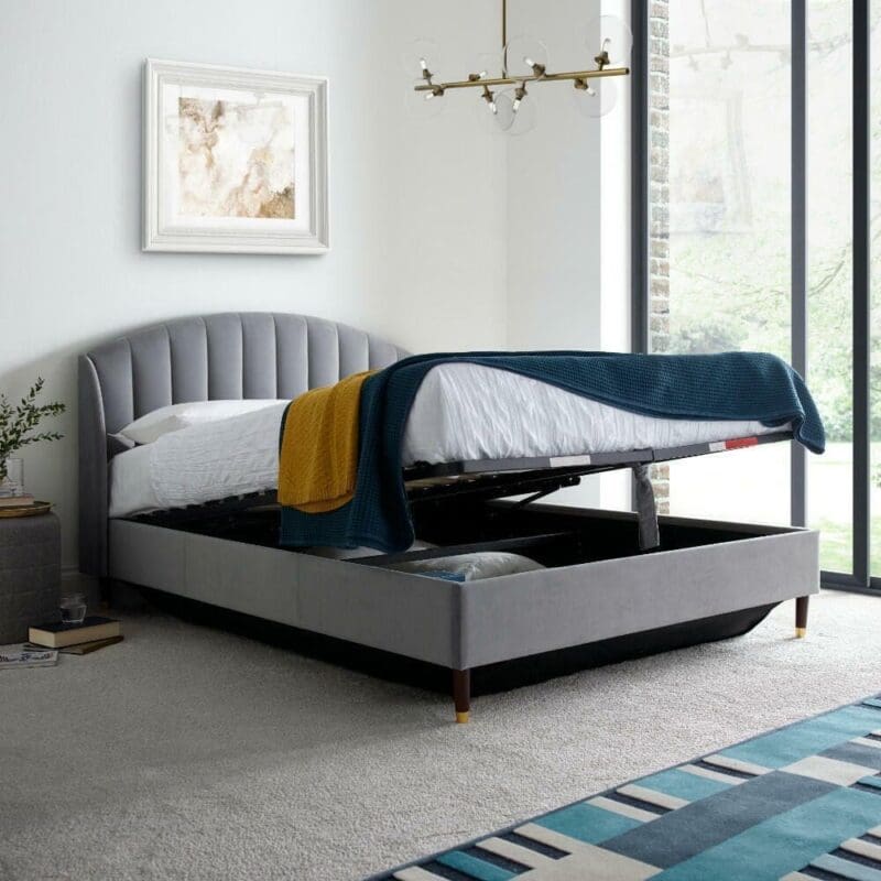 Sandy - Double - Ottoman Storage Bed - Grey - Velvet - 4ft6 - Happy Beds