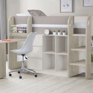 Saturn - Single - Kids Mid Sleeper Bed - Storage and Desk - Brown and White - Wooden - 3ft - Happy Beds