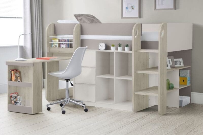 Saturn - Single - Kids Mid Sleeper Bed - Storage and Desk - Brown and White - Wooden - 3ft - Happy Beds