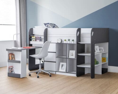 Saturn - Single - Kids Mid Sleeper Cabin Bed - Grey and White - Wood - 3ft - Happy Beds