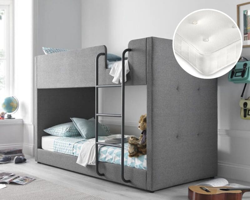 Saturn/Clay - Single - Fabric Bunk Bed and 2 Open Coil Spring Orthopaedic Mattress Included - Grey/White - Fabric - 3ft - Happy Beds