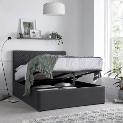 Sebastian - Double - Ottoman Storage Bed - Grey - Velvet – 4ft6 – Happy Beds