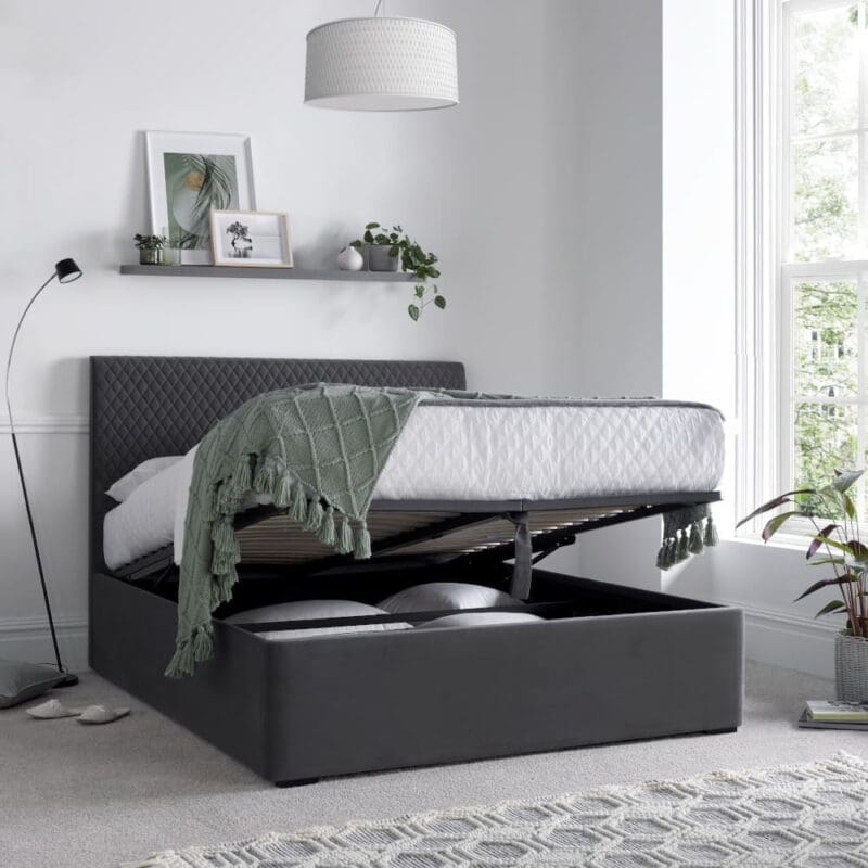 Sebastian - Double - Ottoman Storage Bed - Grey - Velvet – 4ft6 – Happy Beds