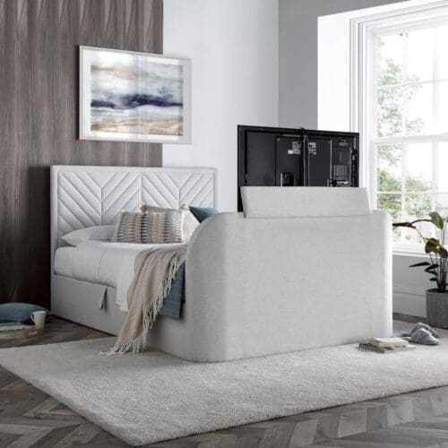 Sherlock - Double - Ottoman Storage TV Bed - Natural - Fabric - 4ft6 - Happy Beds