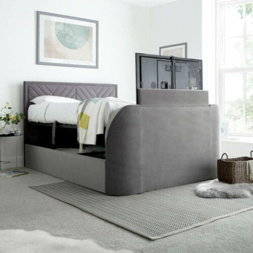 Sherlock - Double - Side-Opening Ottoman Storage Electric TV Bed - Light Grey - Velvet - 4ft6 - Happy Beds