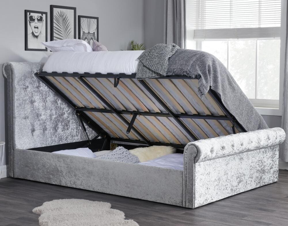 Sienna - Double - Ottoman Bed - Light Grey - Crushed Velvet - 4ft6 - Happy Beds