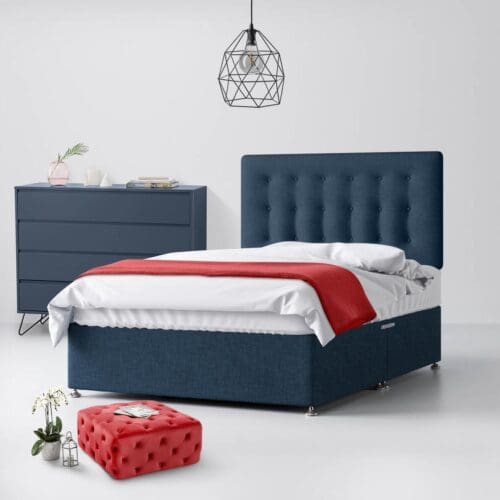 Small Single - Divan Bed and Cornell Buttoned Headboard - Dark Blue - Fabric - 2ft6 - Happy Beds