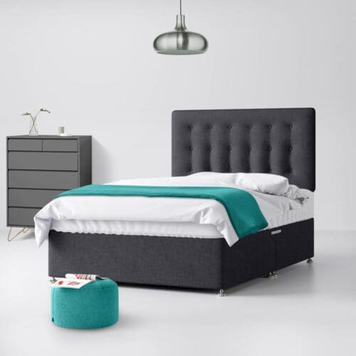 Small Single - Divan Bed and Cornell Buttoned Headboard - Dark Grey - Charcoal - Fabric - 2ft6 - Happy Beds