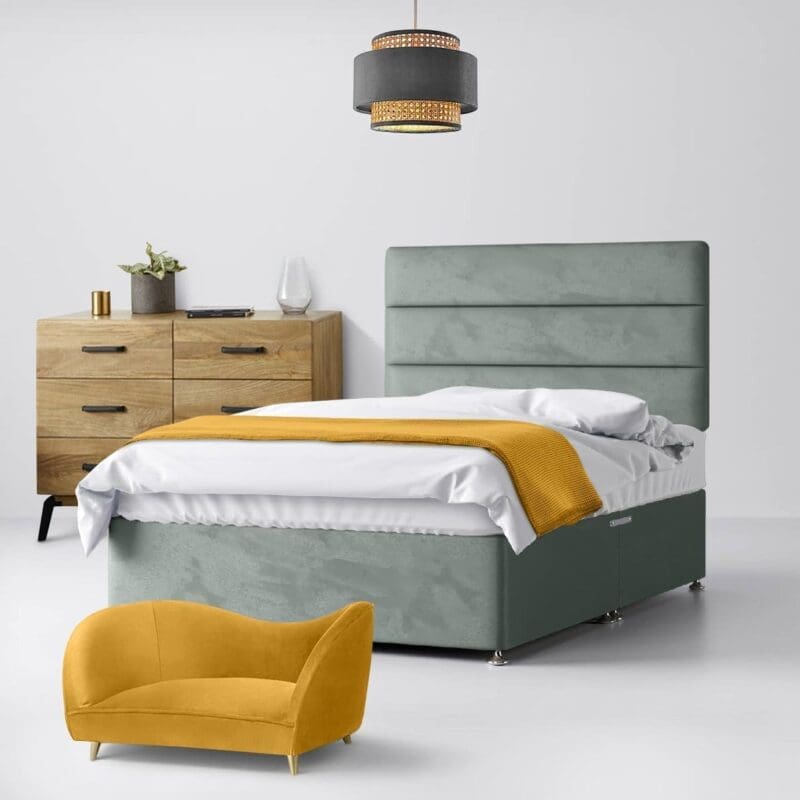 Small Single - Divan Bed and Cornell Lined Headboard - Light Grey - Velvet - 2ft6 - Happy Beds