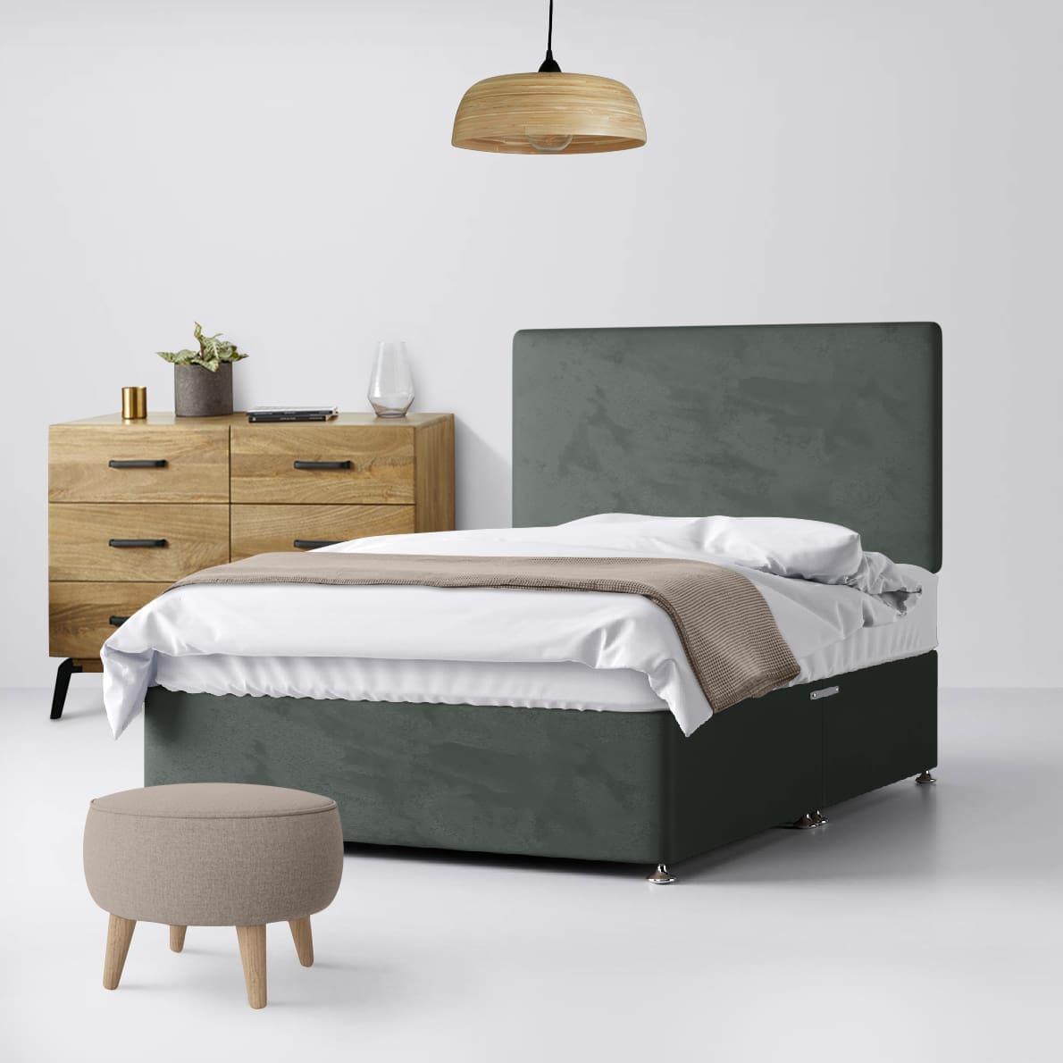 Small Single - Divan Bed and Cornell Plain Headboard - Dark Grey - Velvet - 2ft6 - Happy Beds