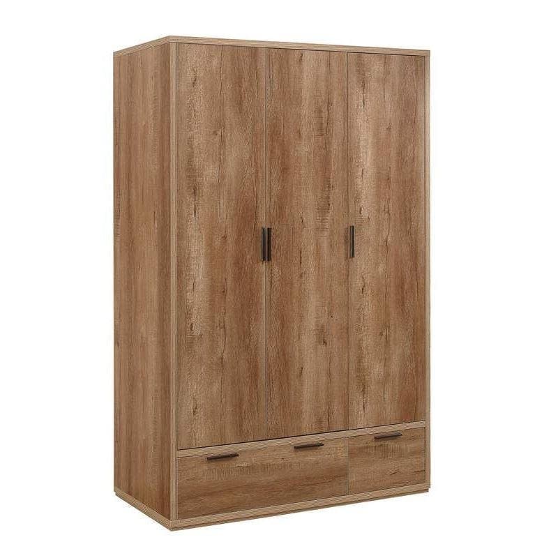 Stockwell - Rustic 3 Door Combination Wardrobe - Oak - Wooden - Happy Beds