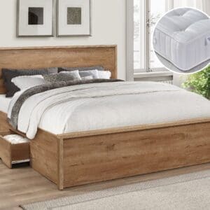 Stockwell/Super Ortho - Small Double - Storage Bed with Single Drawer and Open Coil Spring Reflex Foam Orthopaedic Mattress Included - Oak/White - Wooden/Fabric - 4ft - Happy Beds