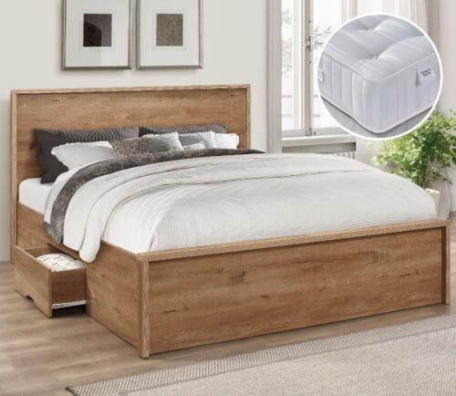 Stockwell/Super Ortho - Small Double - Storage Bed with Single Drawer and Open Coil Spring Reflex Foam Orthopaedic Mattress Included - Oak/White - Wooden/Fabric - 4ft - Happy Beds