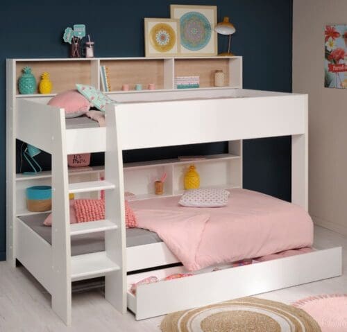 Tam Tam - Single - Kids Bunk Bed - Storage Drawer - White and Oak - Wood - 3ft - Happy Beds