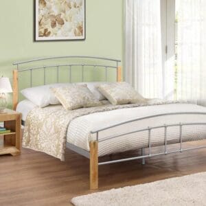 Tetras - Small Double - Metal Bed - Beech and Silver Grey - Wooden and Metal - 4ft - Happy Beds