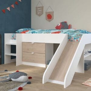 Tobo - Single - Kids Mid Sleeper Bed - Slide - White and Oak - Wood - 3ft - Happy Beds