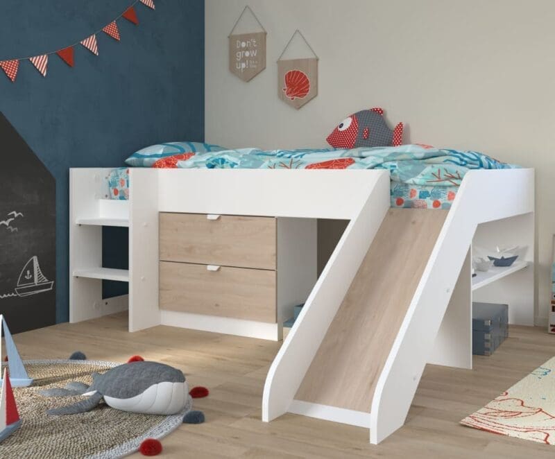 Tobo - Single - Kids Mid Sleeper Bed - Slide - White and Oak - Wood - 3ft - Happy Beds