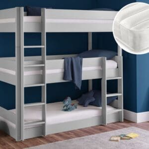 Trio/Ethan - Single - Triple Bunk Bed and 3 Open Coil Spring Mattresses Included - Dove Grey/White - Wooden/Fabric - 3ft - Happy Beds