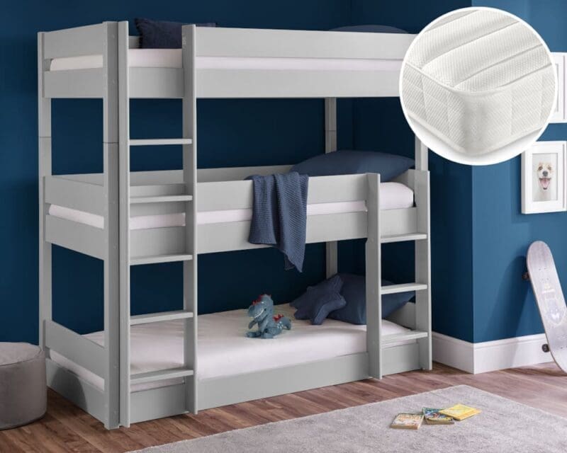 Trio/Ethan - Single - Triple Bunk Bed and 3 Open Coil Spring Mattresses Included - Dove Grey/White - Wooden/Fabric - 3ft - Happy Beds