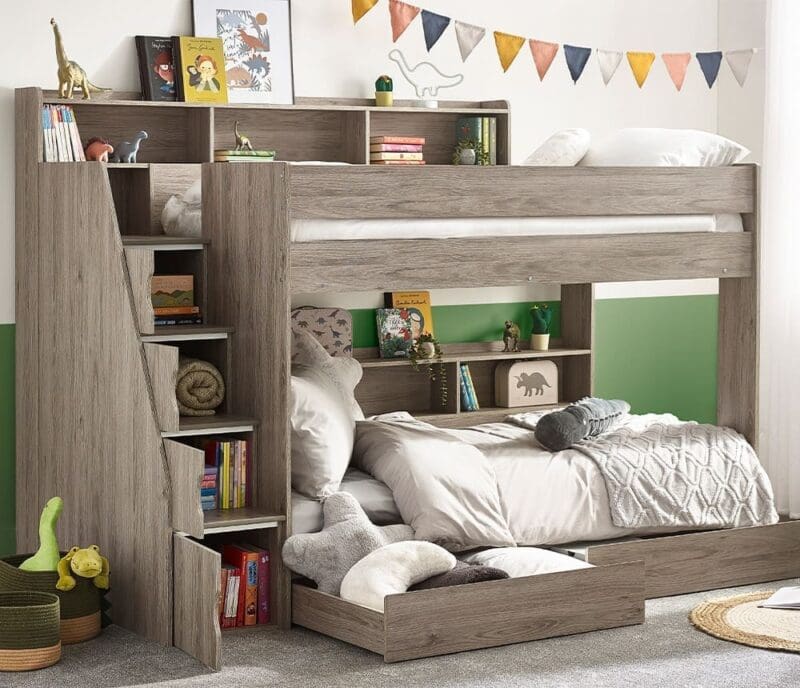 Tuscan - Single - Staircase Bunk Bed - Grey Oak - Wooden - 3ft - Happy Beds